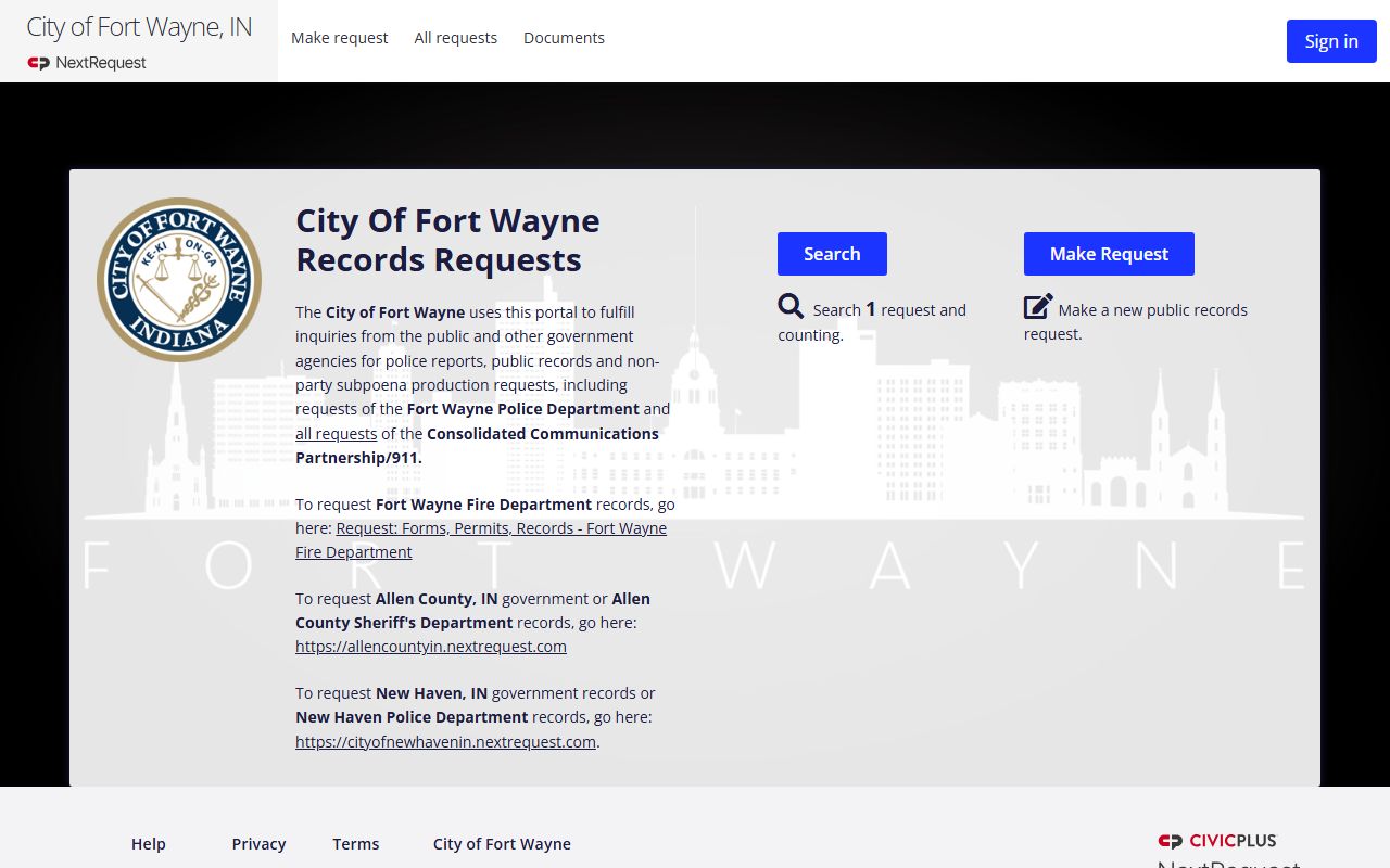 Fort Wayne Indiana public records NextRequest portal