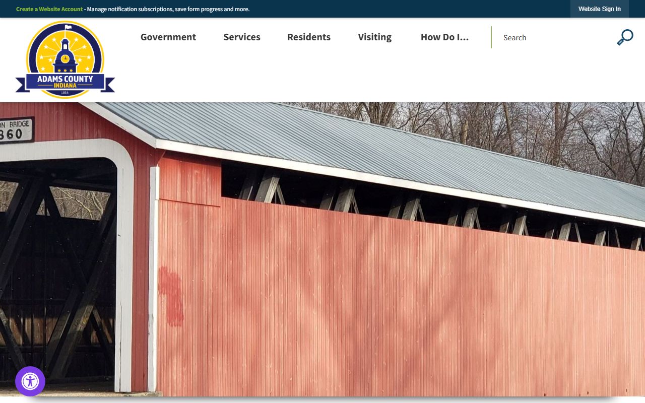 Adams County Indiana government homepage showing public records resources
