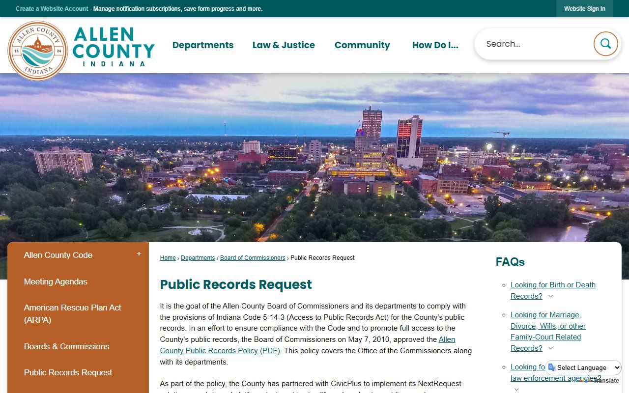 Allen County Indiana public records request submission page