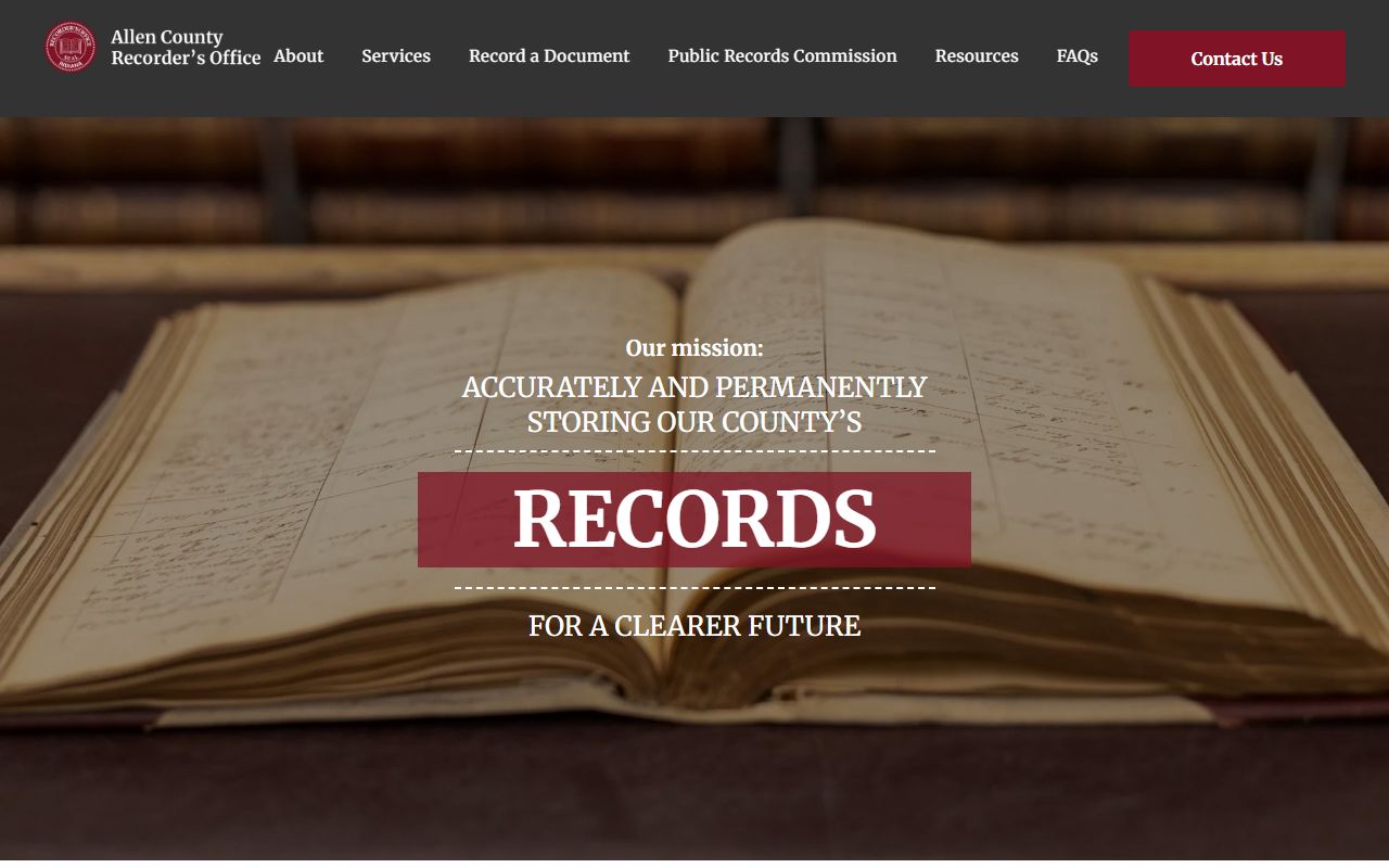 Allen County Recorder website homepage showing property records search options
