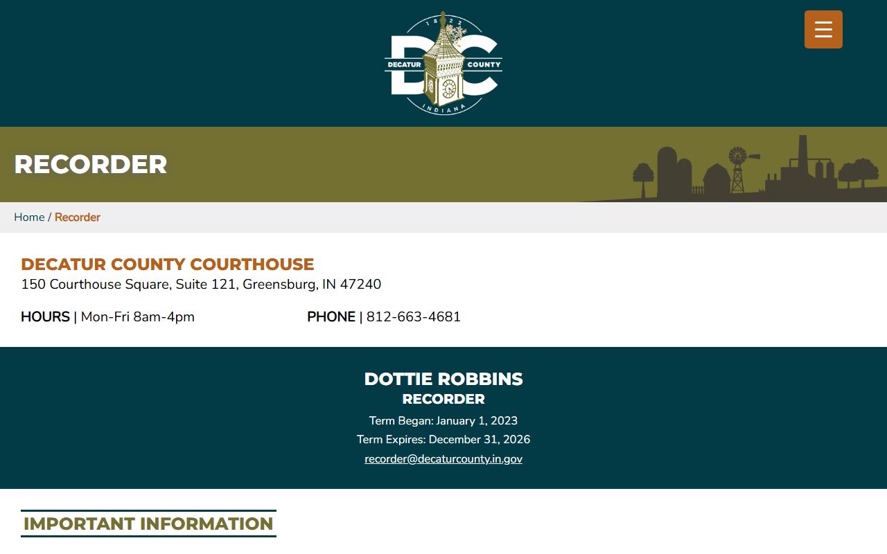 Decatur County Clerk office website in Greensburg Indiana