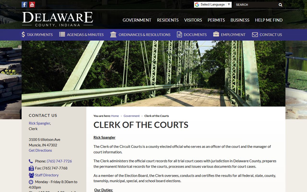 Delaware County Clerk homepage at co.delaware.in.us showing court records access