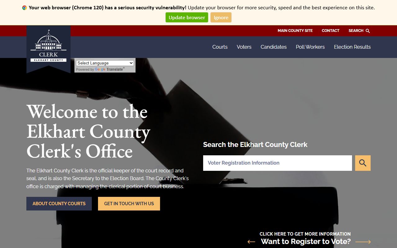 Elkhart County Clerk homepage in Goshen Indiana showing court records resources