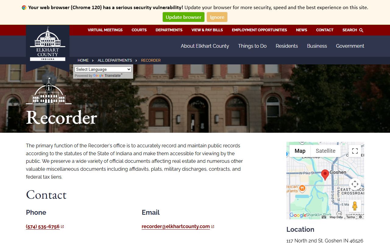 Elkhart County Recorder homepage showing Tapestry and Laredo access options