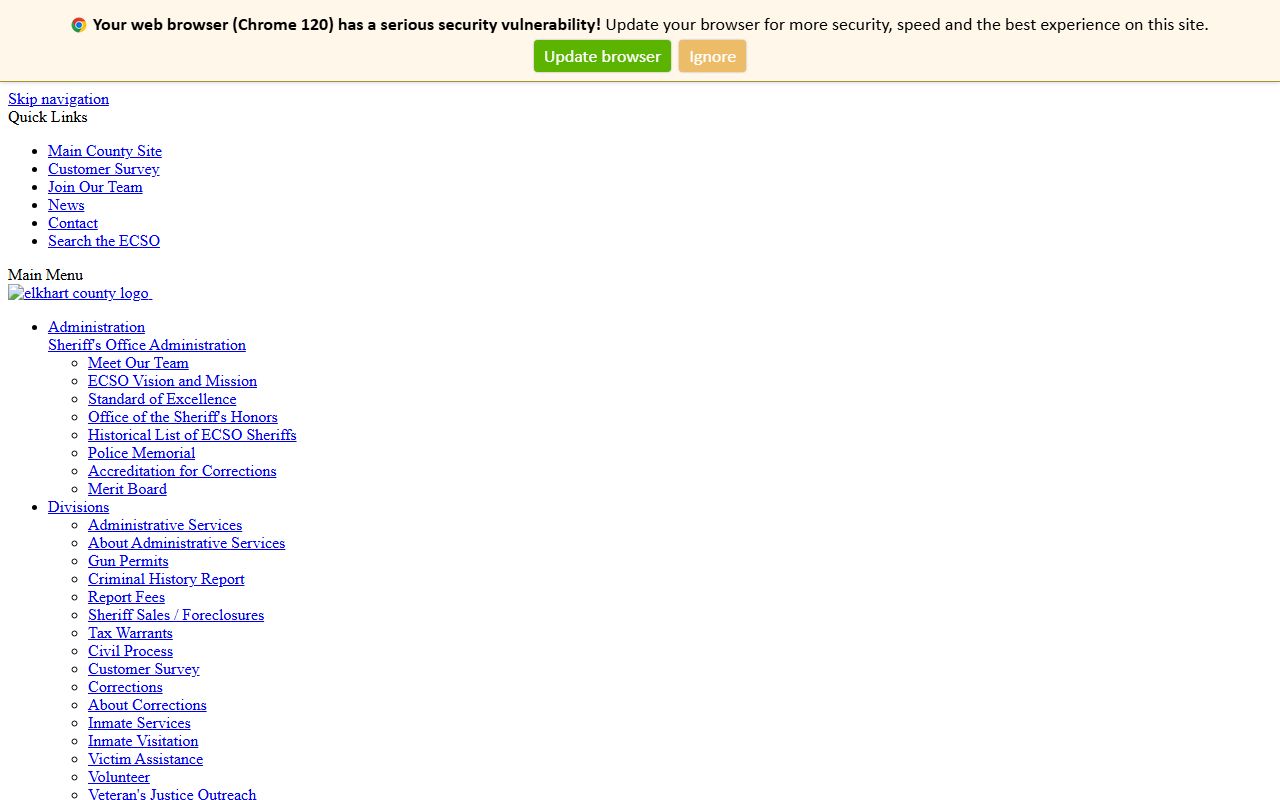 Elkhart County Sheriff website showing public records and law enforcement information