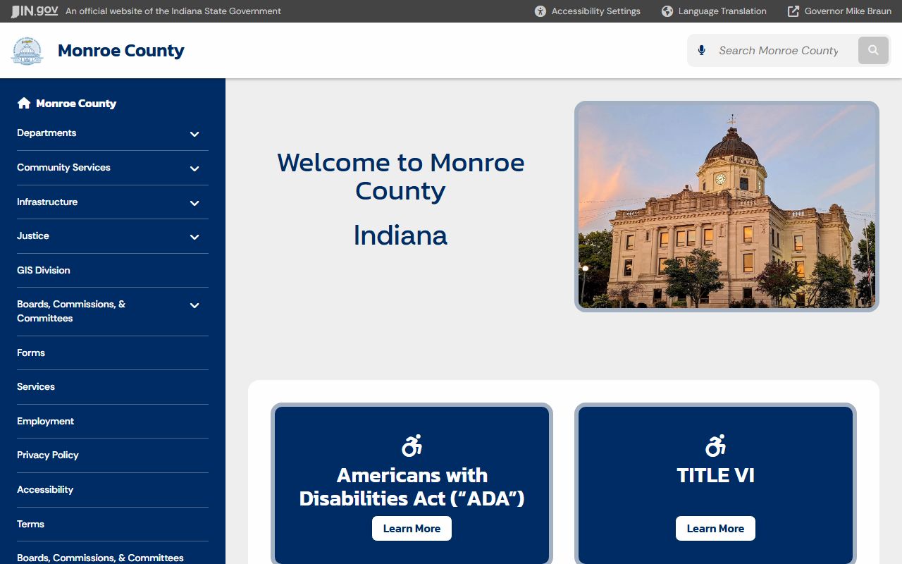 Monroe County Indiana government website showing department contacts and public records resources