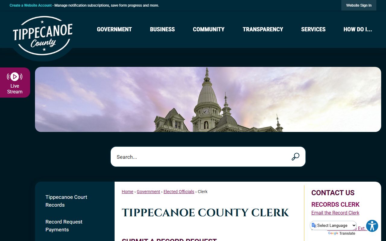Tippecanoe County Clerk homepage showing office location, hours, and court records information
