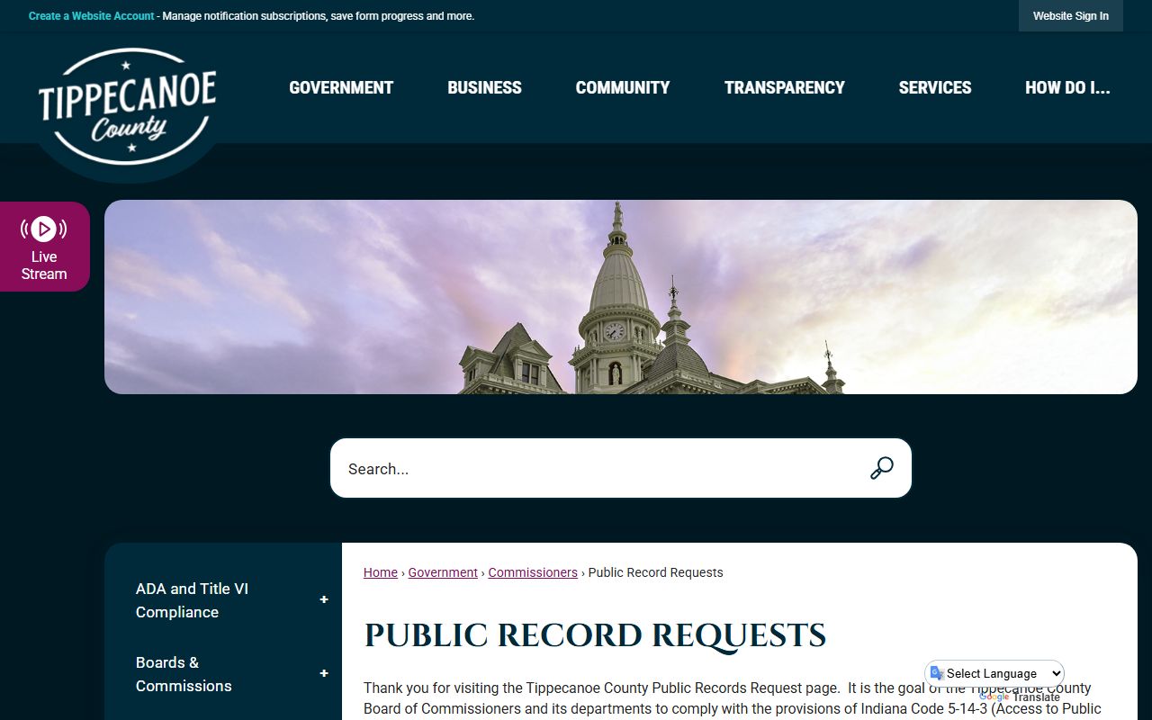 Tippecanoe County public records request page for submitting APRA requests online