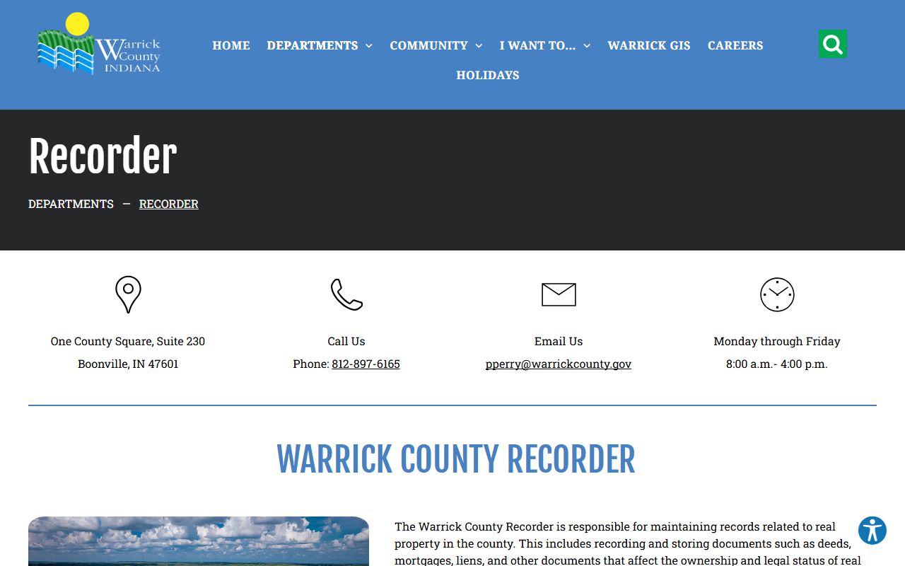 Warrick County Recorder homepage showing office information and property records access options