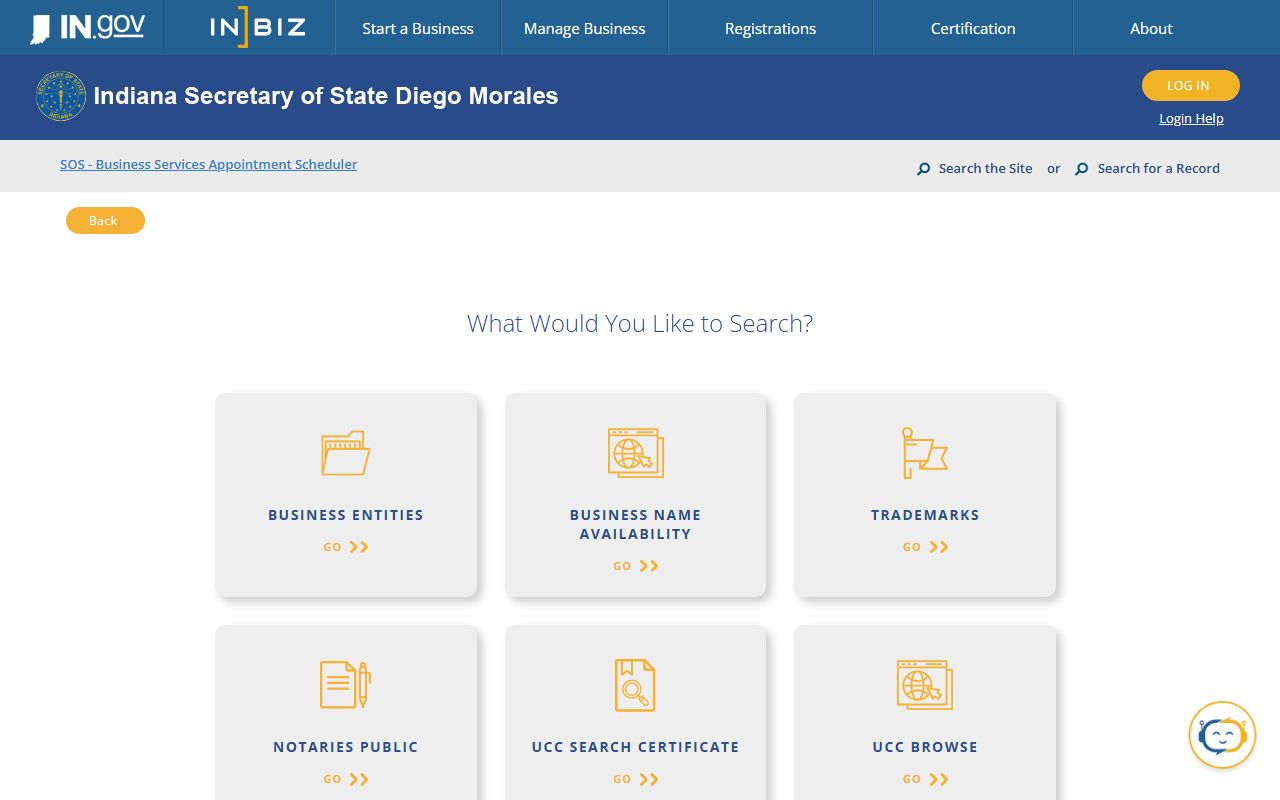 INBiz Indiana business entity public records search portal