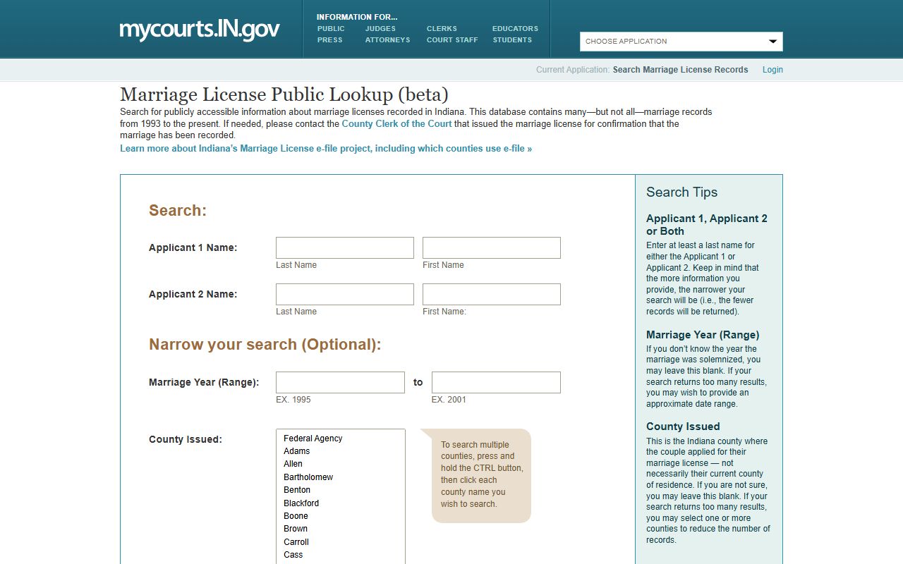 Indiana Marriage License Public Lookup records search tool