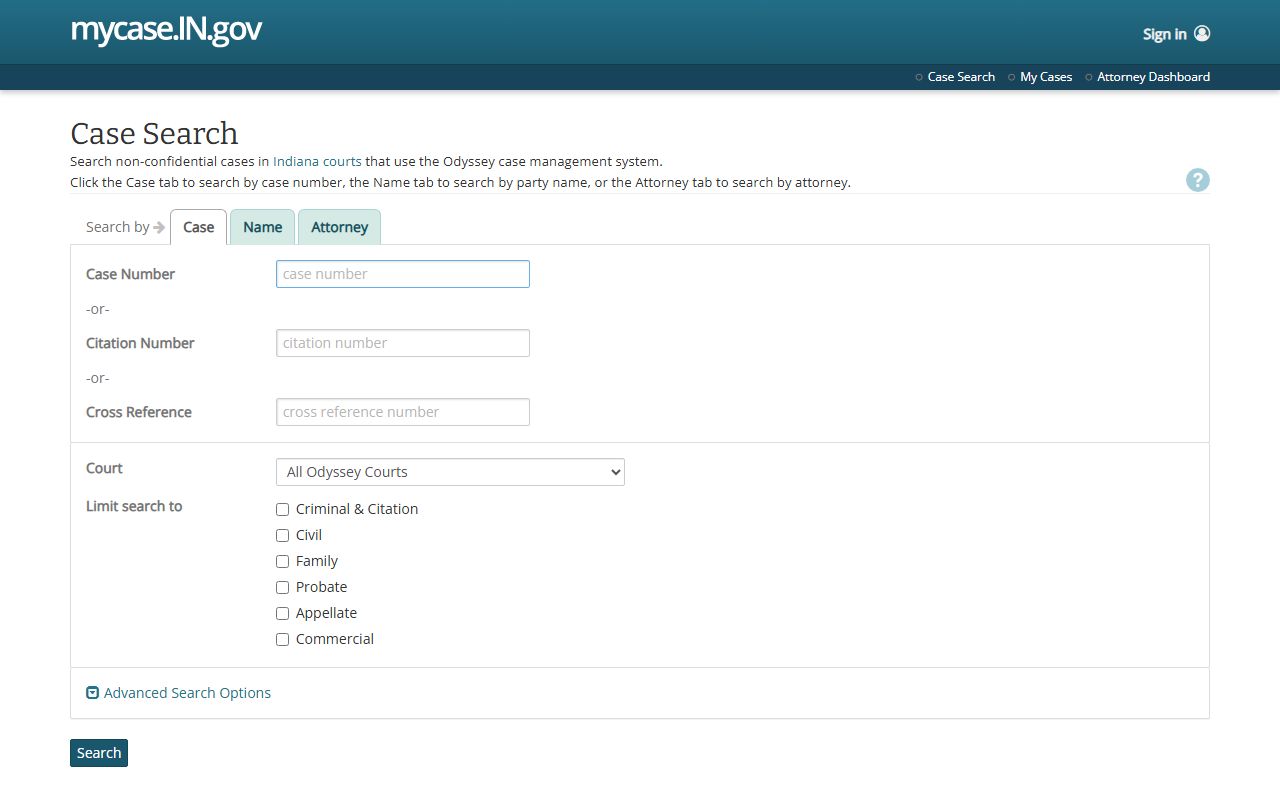 MyCase Indiana public records court case search tool