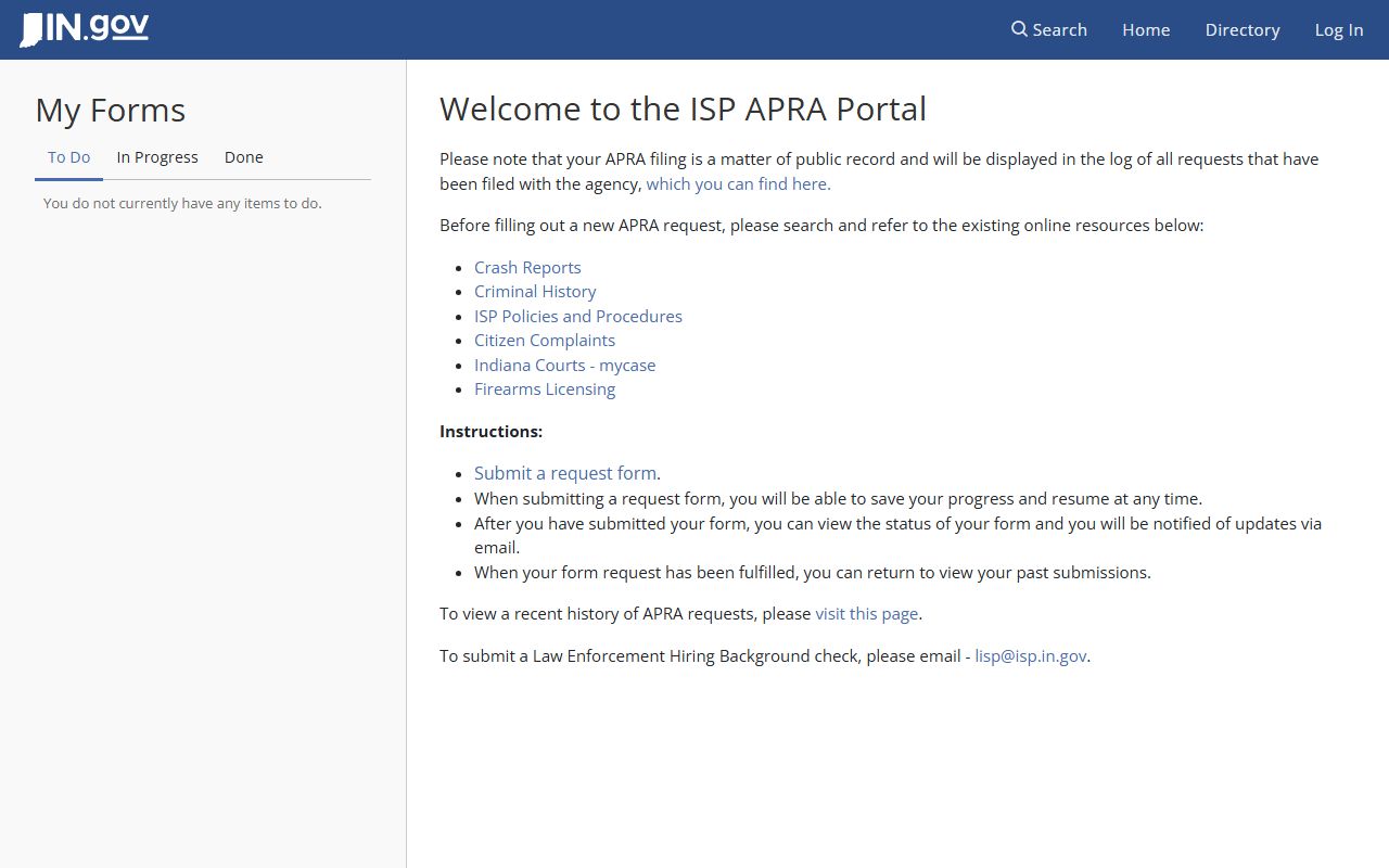 Indiana State Police APRA public records request portal