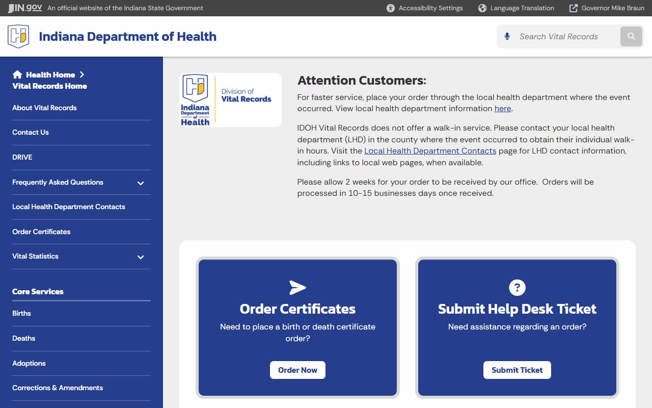 Indiana Department of Health vital records ordering page